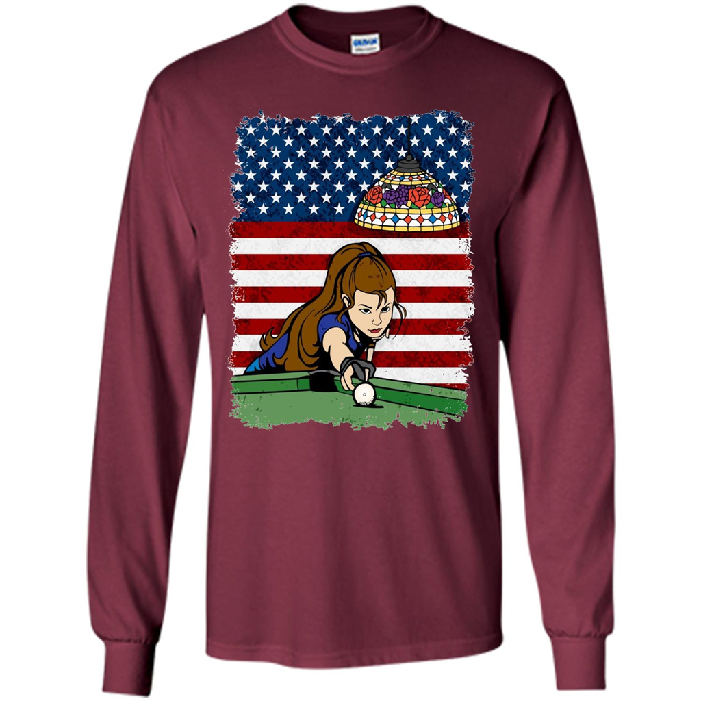 Female Pool Player on American Flag Patriotic T-shirt Maroon
