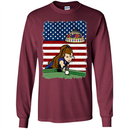 Female Pool Player on American Flag Patriotic T-shirt Maroon