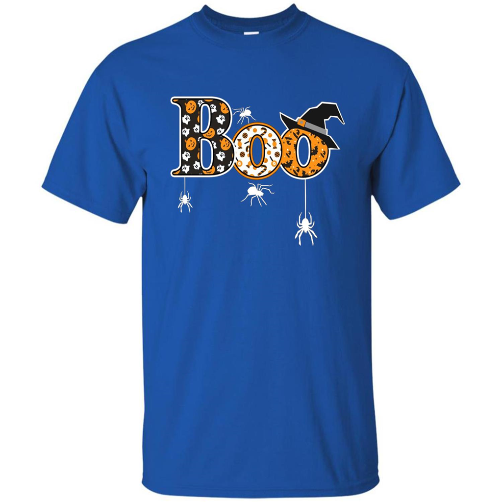 Boo Halloween T-Shirt With Spiders And Witch Hat Royal