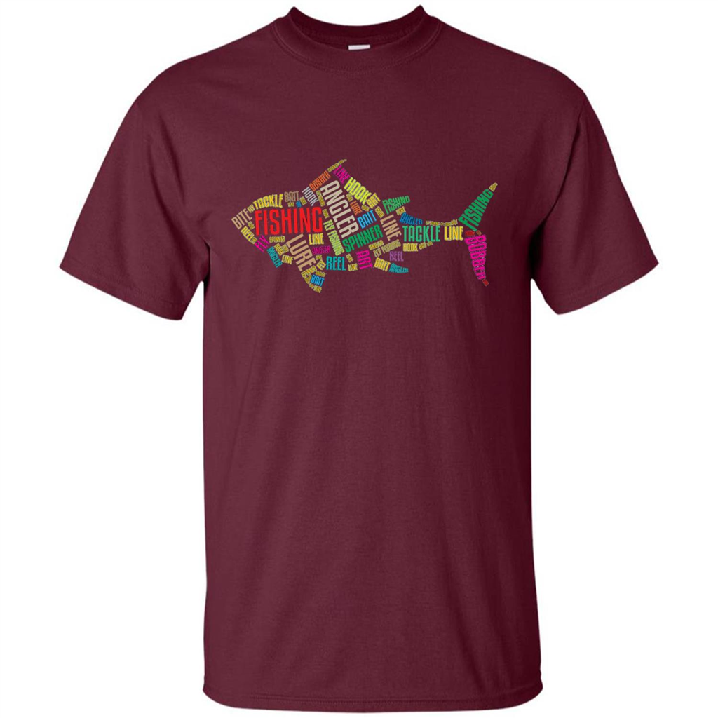Fishing T-shirt Angler Lure Tackle Hook Reel Maroon