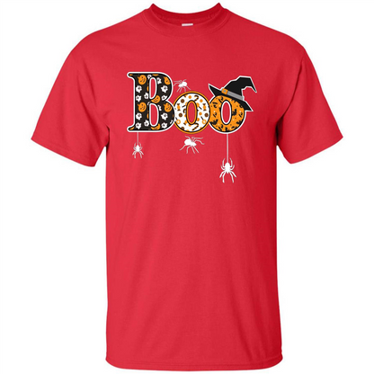 Boo Halloween T-Shirt With Spiders And Witch Hat Red