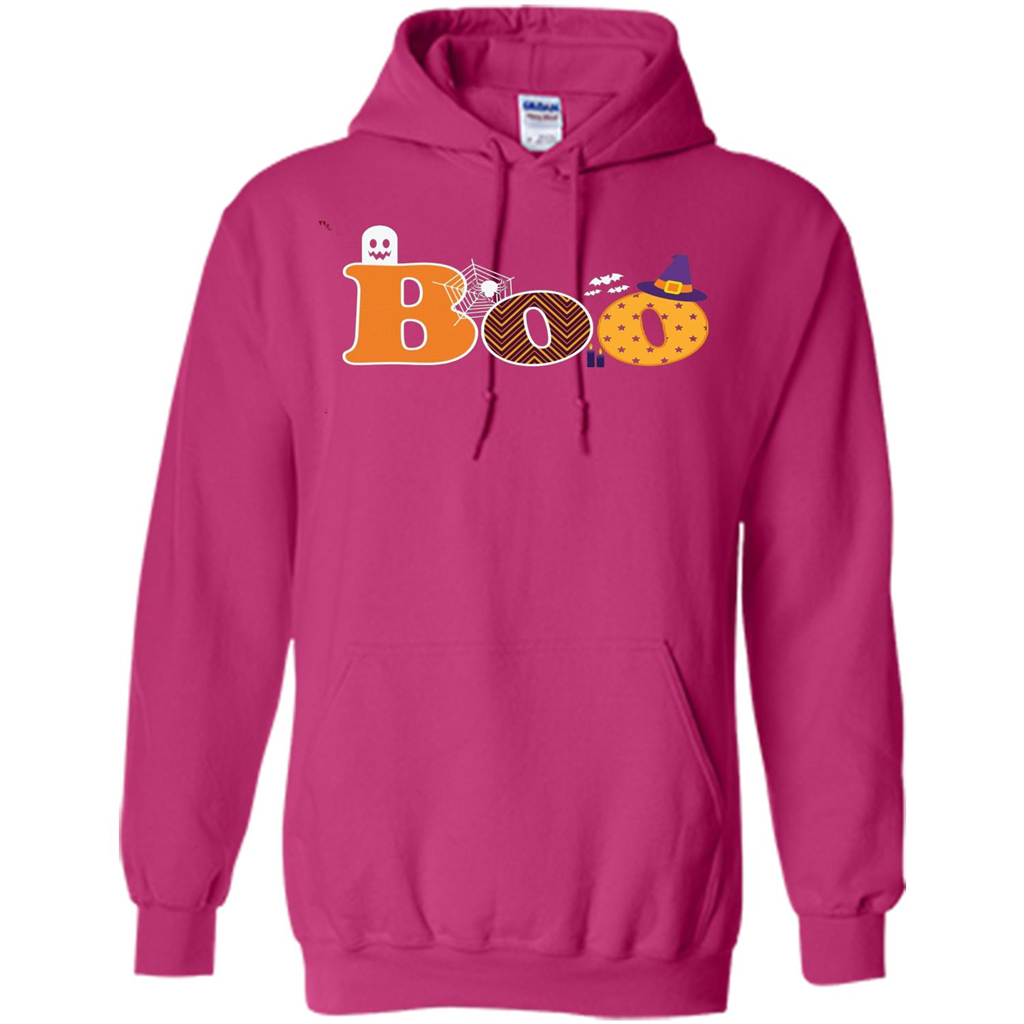 Boo Halloween T-Shirt With Ghost, Spider, Bat and Witch Hat Heliconia