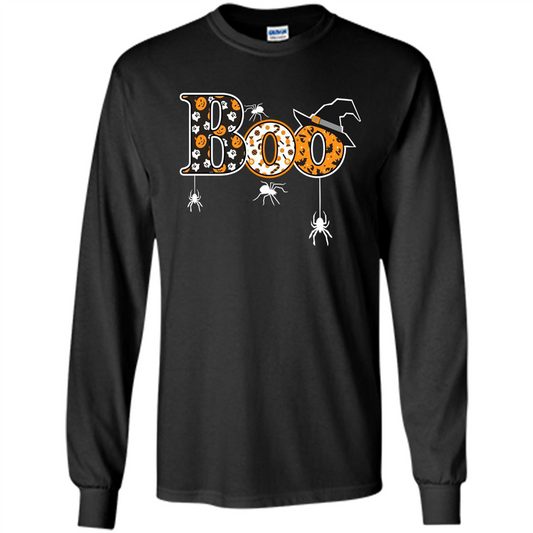 Boo Halloween T-Shirt With Spiders And Witch Hat Black