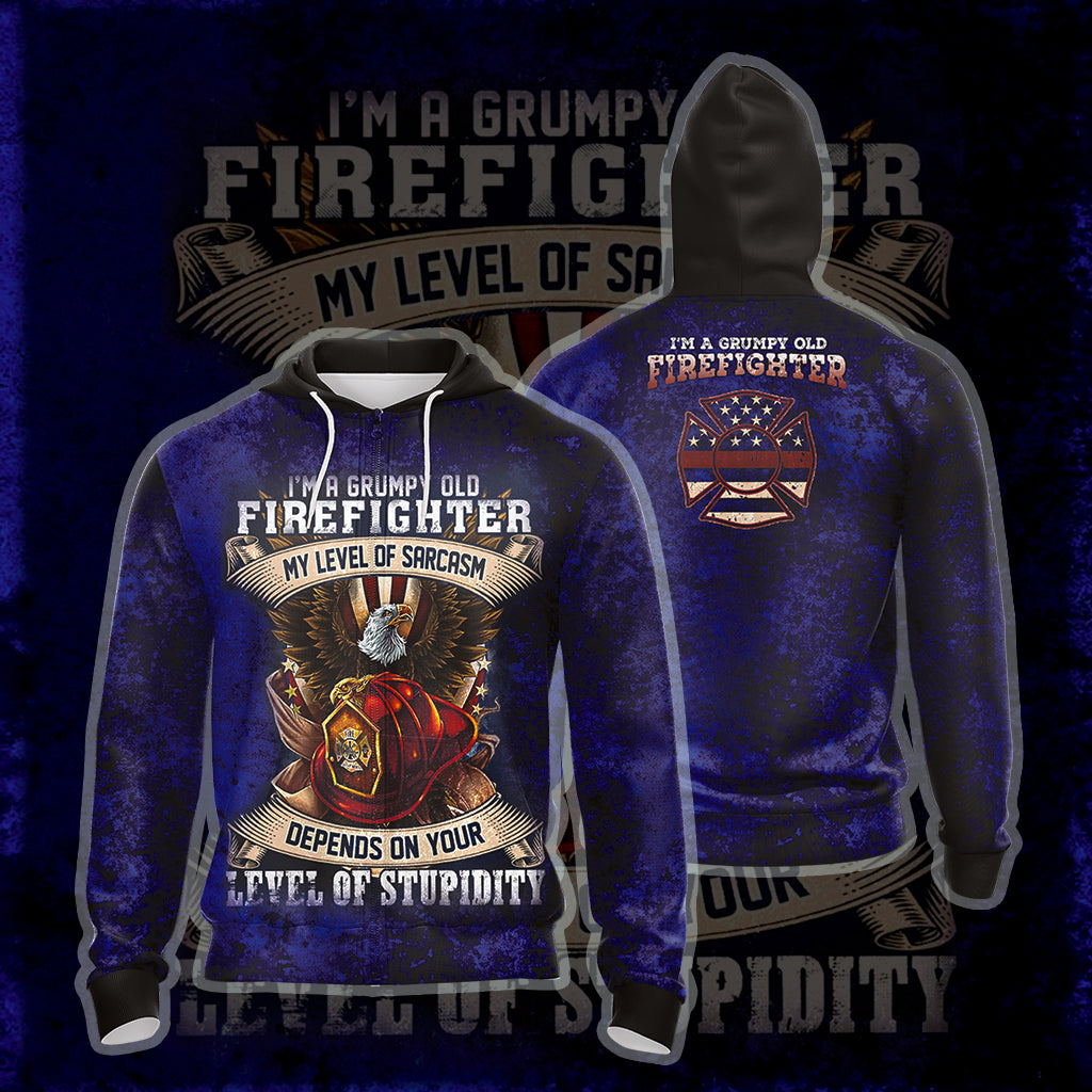 I'm Grumpy Old Firefighter My Level Of Sarcasm Depends On Your Level Of Stupidity Unisex Zip Up Hoodie 4XL