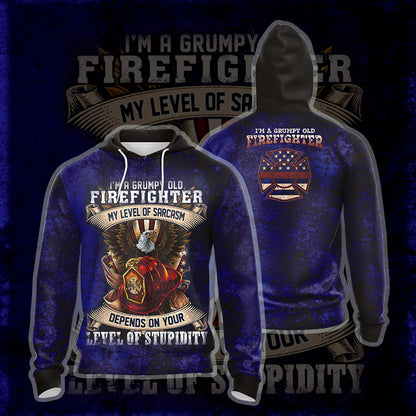 I'm Grumpy Old Firefighter My Level Of Sarcasm Depends On Your Level Of Stupidity Unisex Zip Up Hoodie 4XL