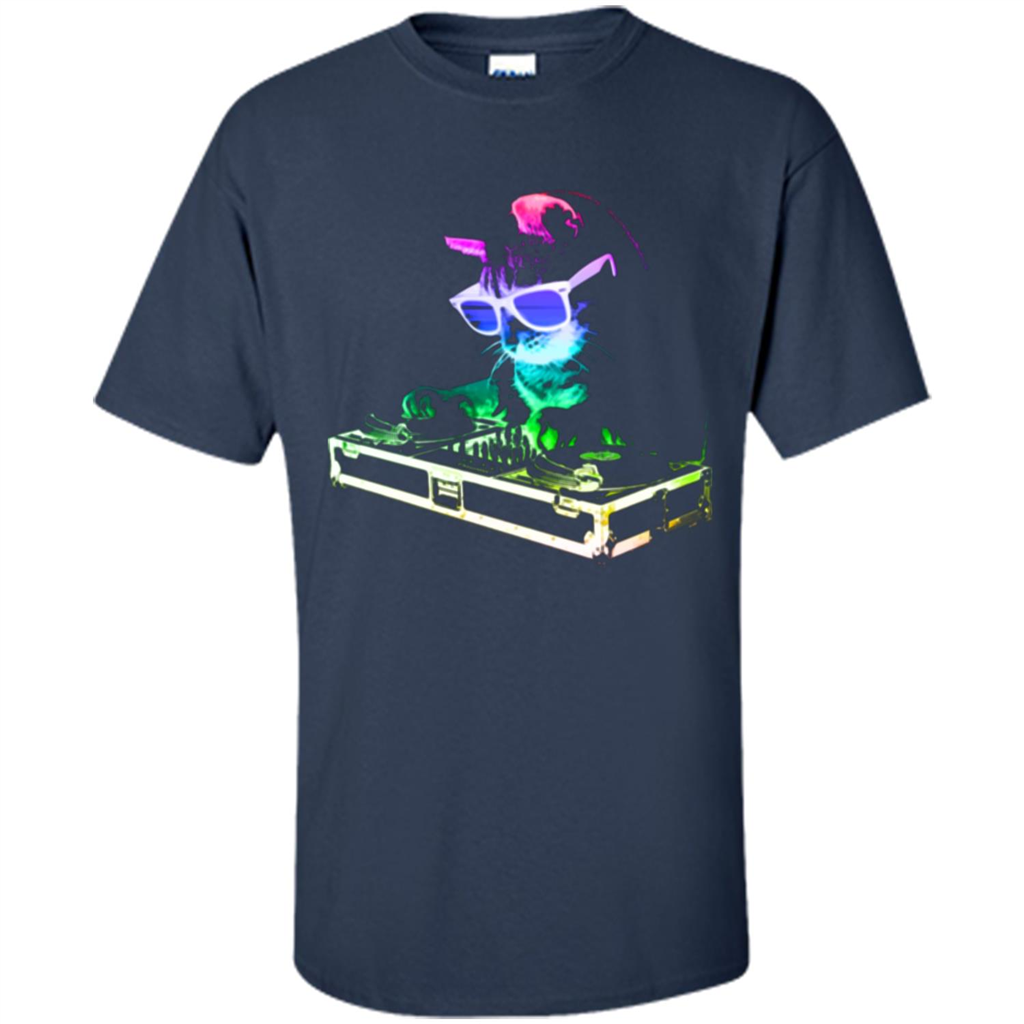 Cat Lover T-shirt House Cat Rainbow DJ Kitty Navy