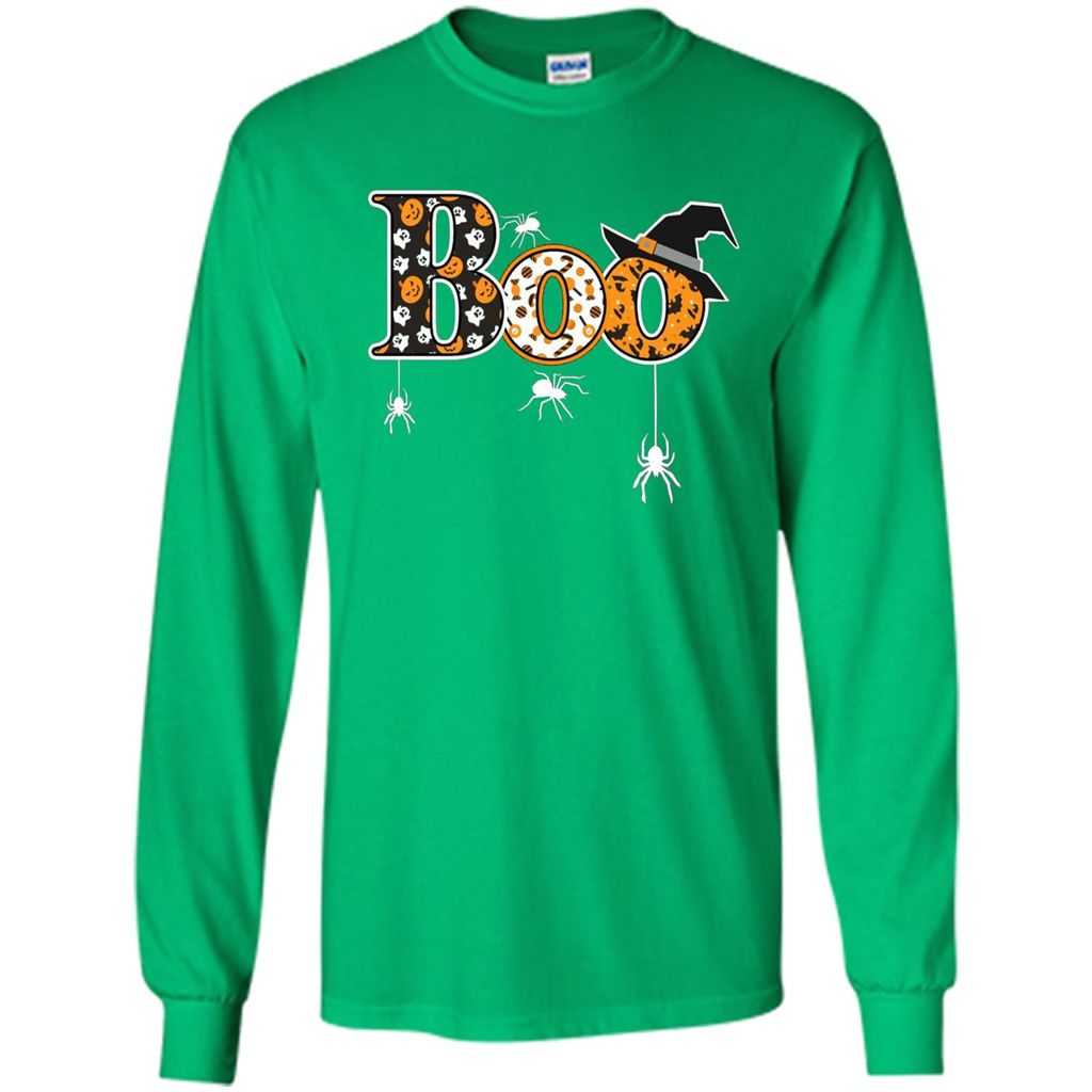Boo Halloween T-Shirt With Spiders And Witch Hat Irish Green
