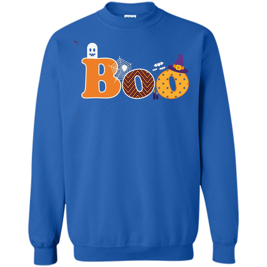 Boo Halloween T-Shirt With Ghost, Spider, Bat and Witch Hat Royal