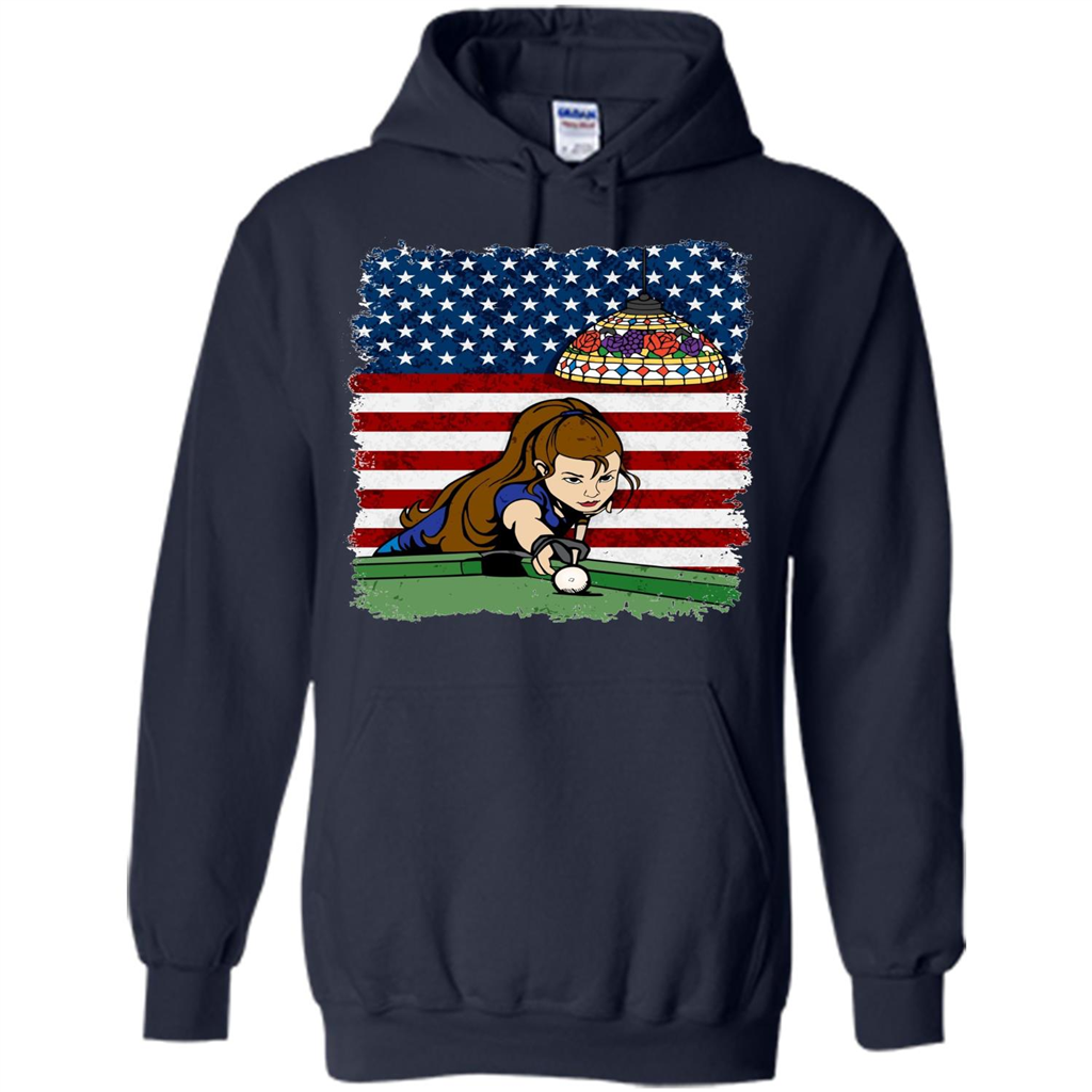 Female Pool Player on American Flag Patriotic T-shirt Navy