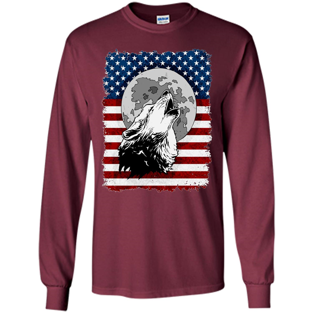 Howling Wolf On American Flag Patriotic T-shirt Maroon