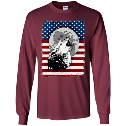 Howling Wolf On American Flag Patriotic T-shirt Maroon