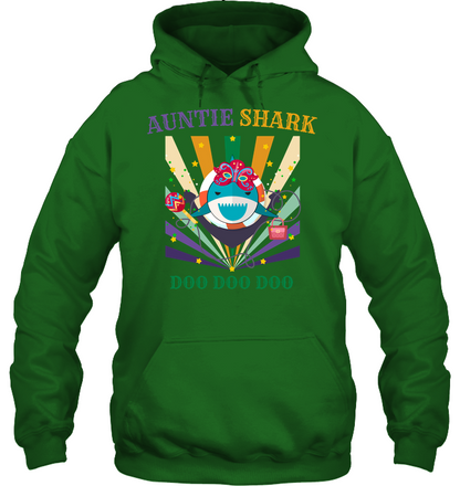 Auntie Shark Doo Doo Doo Happy Mardi Gars Family Shirt Unisex Heavyweight Pullover Hoodie Irish Green