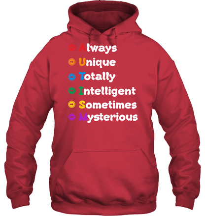 Always Unique Totally Intelligent Sometimes Mysterious Autism Awareness Shirt Unisex Heavyweight Pullover Hoodie Cardinal Red