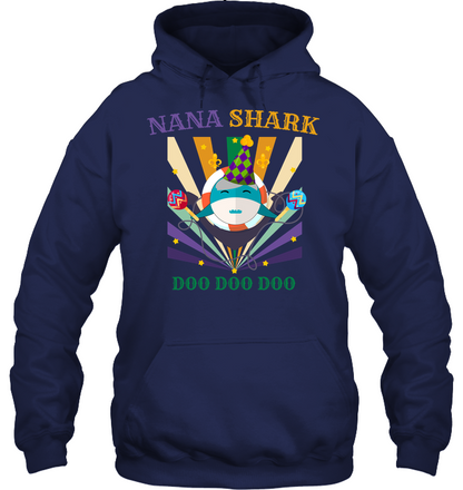 Nana Shark Doo Doo Doo Happy Mardi Gars Family Shirt Unisex Heavyweight Pullover Hoodie Navy