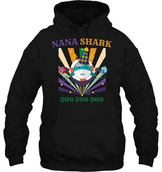 Nana Shark Doo Doo Doo Happy Mardi Gars Family Shirt Unisex Heavyweight Pullover Hoodie Black
