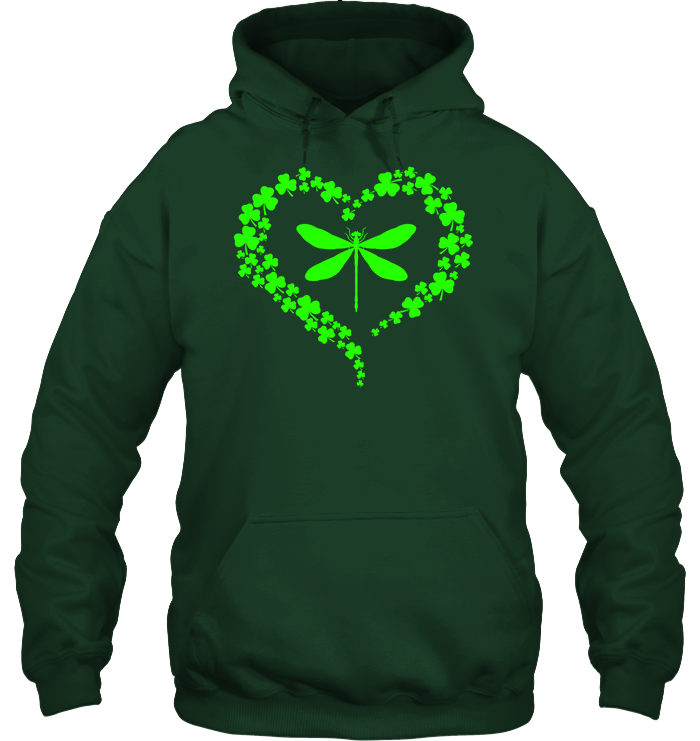 Dragonfly Clover Heart Irish Saint Patricks Day Shirt Unisex Heavyweight Pullover Hoodie Forest Green