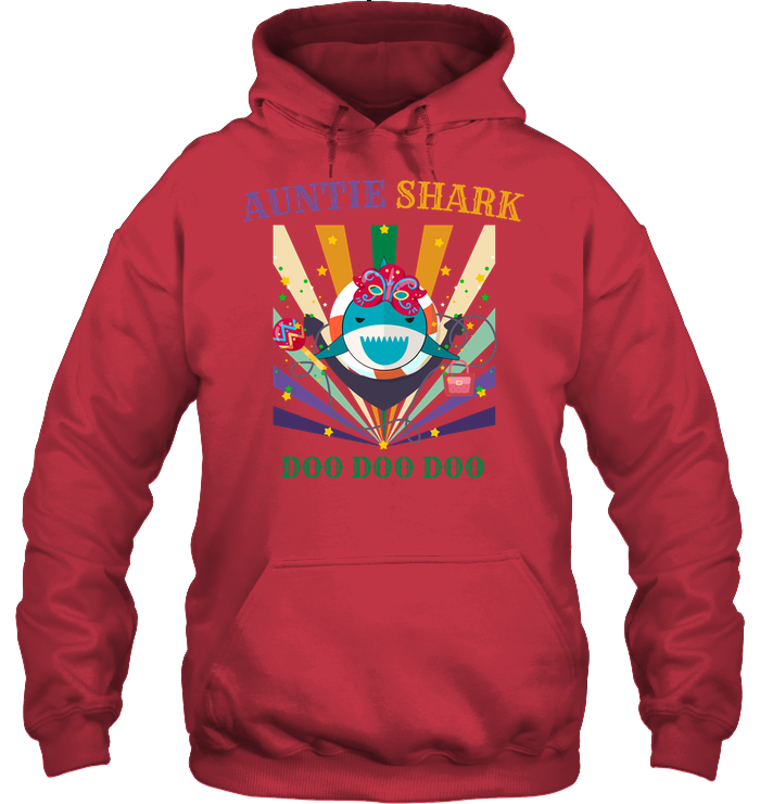 Auntie Shark Doo Doo Doo Happy Mardi Gars Family Shirt Unisex Heavyweight Pullover Hoodie Cardinal Red
