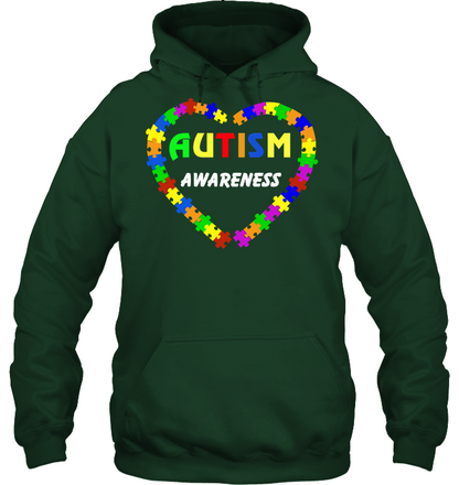 Autism Awareness Puzzle Heart Shirt Unisex Heavyweight Pullover Hoodie Forest Green