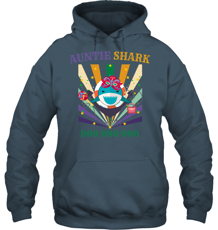 Auntie Shark Doo Doo Doo Happy Mardi Gars Family Shirt Unisex Heavyweight Pullover Hoodie Dark Heather