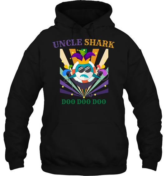 Uncle Shark Doo Doo Doo Happy Mardi Gars Family Shirt Unisex Heavyweight Pullover Hoodie Black