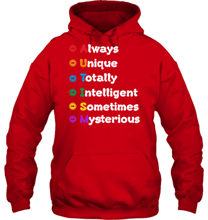 Always Unique Totally Intelligent Sometimes Mysterious Autism Awareness Shirt Unisex Heavyweight Pullover Hoodie Red