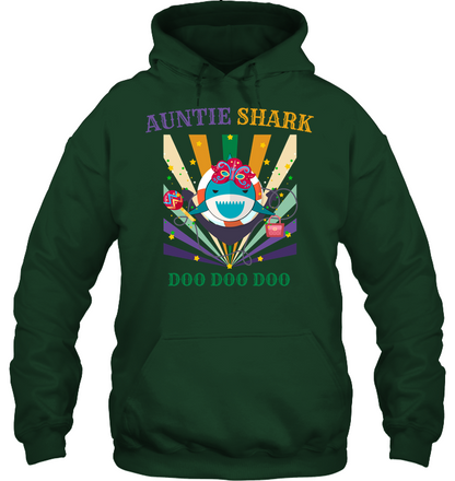 Auntie Shark Doo Doo Doo Happy Mardi Gars Family Shirt Unisex Heavyweight Pullover Hoodie Forest Green