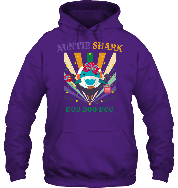 Auntie Shark Doo Doo Doo Happy Mardi Gars Family Shirt Unisex Heavyweight Pullover Hoodie Purple