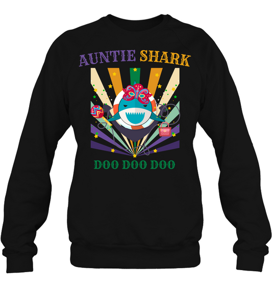 Auntie Shark Doo Doo Doo Happy Mardi Gars Family Shirt Unisex Fleece Pullover Sweatshirt Black