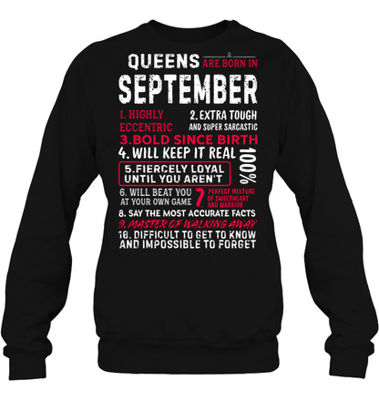 Queens Are Born In September Highly Eccentric Extra Tough An Super Sarcastic Shirt Unisex Fleece Pullover Sweatshirt Black