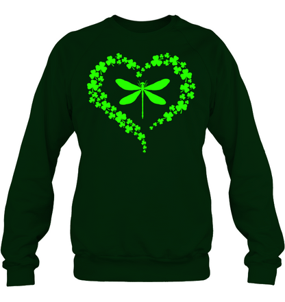 Dragonfly Clover Heart Irish Saint Patricks Day Shirt Unisex Fleece Pullover Sweatshirt Deep Forest