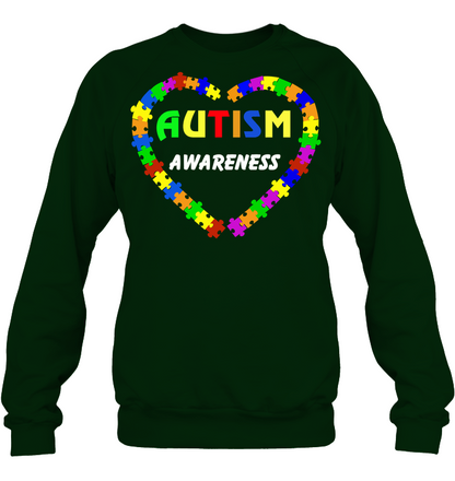 Autism Awareness Puzzle Heart Shirt Unisex Fleece Pullover Sweatshirt Deep Forest