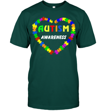 Autism Awareness Puzzle Heart Shirt Unisex Short Sleeve Classic Tee Deep Forest