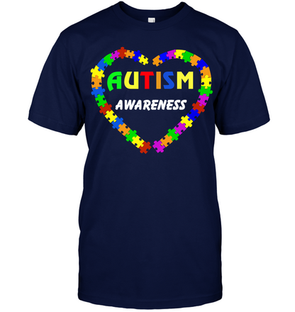 Autism Awareness Puzzle Heart Shirt Unisex Short Sleeve Classic Tee Navy