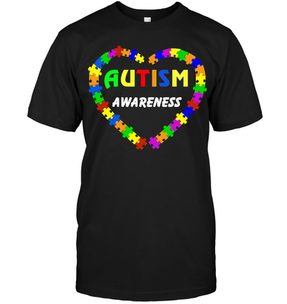 Autism Awareness Puzzle Heart Shirt Unisex Short Sleeve Classic Tee Black