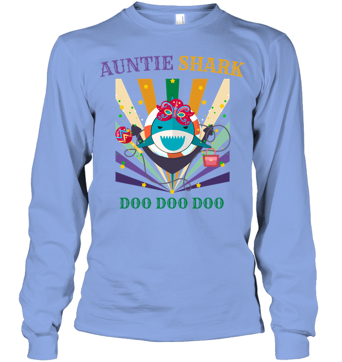 Auntie Shark Doo Doo Doo Happy Mardi Gars Family Shirt Unisex Long Sleeve Classic Tee Light Blue