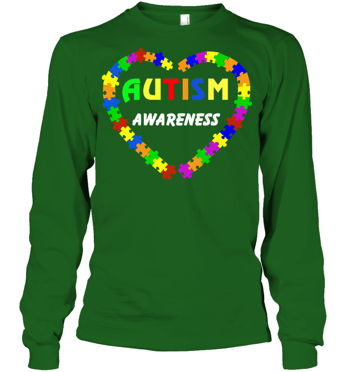 Autism Awareness Puzzle Heart Shirt Unisex Long Sleeve Classic Tee Irish Green
