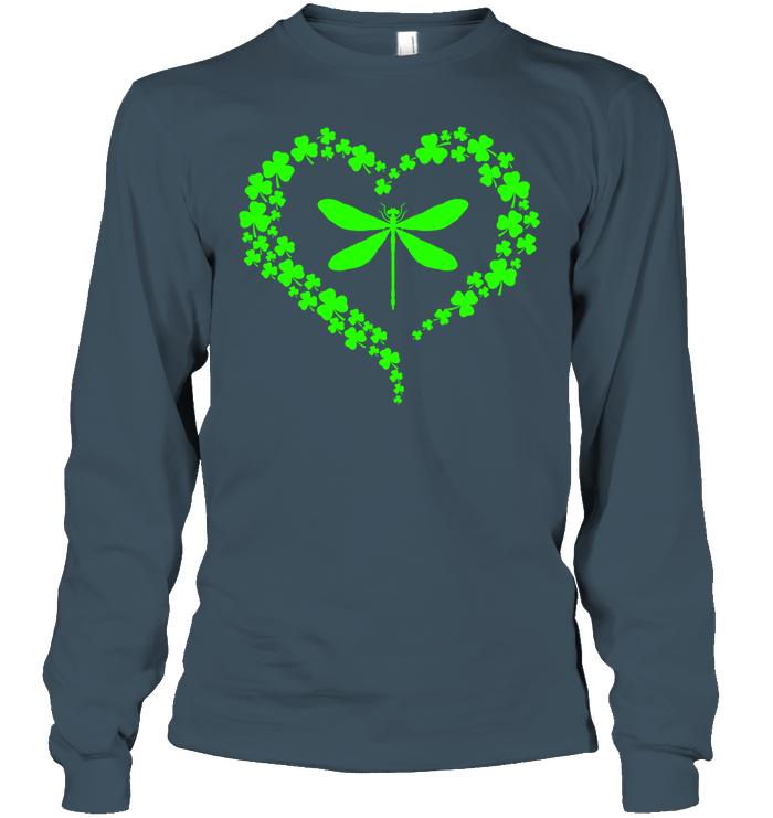 Dragonfly Clover Heart Irish Saint Patricks Day Shirt Unisex Long Sleeve Classic Tee Dark Heather