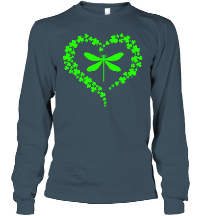 Dragonfly Clover Heart Irish Saint Patricks Day Shirt Unisex Long Sleeve Classic Tee Dark Heather