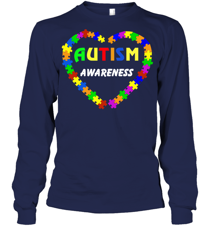Autism Awareness Puzzle Heart Shirt Unisex Long Sleeve Classic Tee Navy
