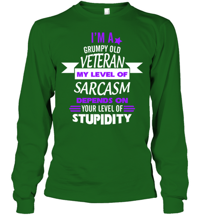 Im A Grumpy Old Veteran My Level Of Saracasm Depends On Your Level Of Stupidity Unisex Long Sleeve Classic Tee Irish Green