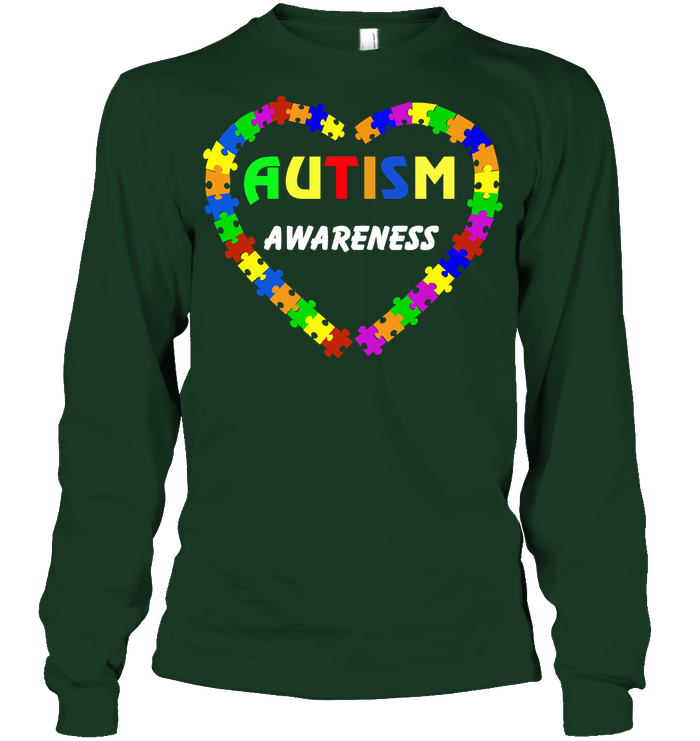 Autism Awareness Puzzle Heart Shirt Unisex Long Sleeve Classic Tee Forest Green