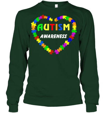 Autism Awareness Puzzle Heart Shirt Unisex Long Sleeve Classic Tee Forest Green