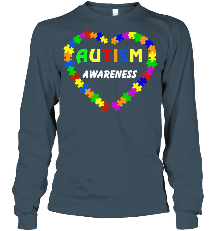 Autism Awareness Puzzle Heart Shirt Unisex Long Sleeve Classic Tee Dark Heather