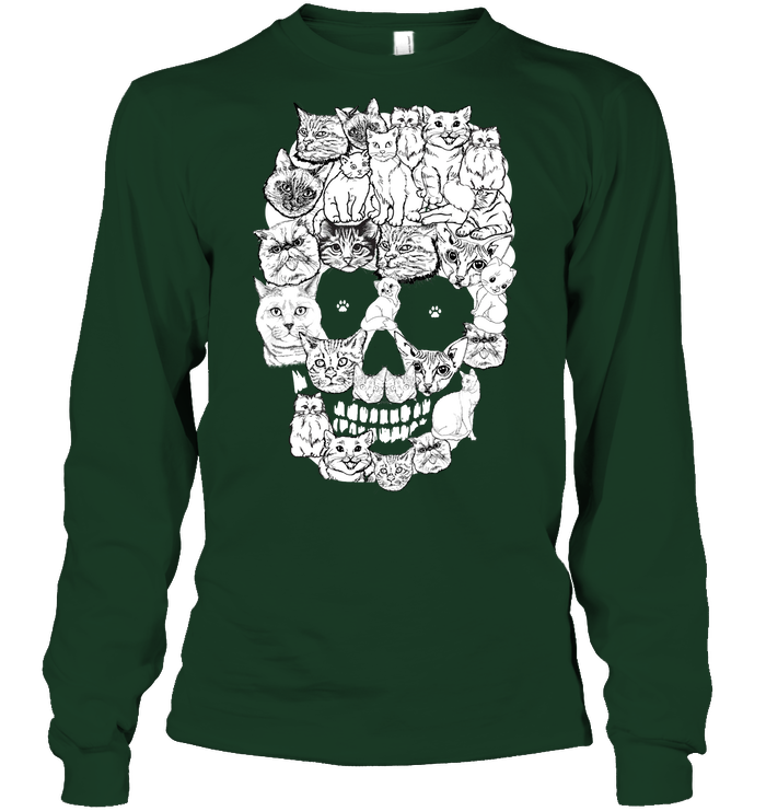 Cats Skull Kitten Shirt Unisex Long Sleeve Classic Tee Forest Green