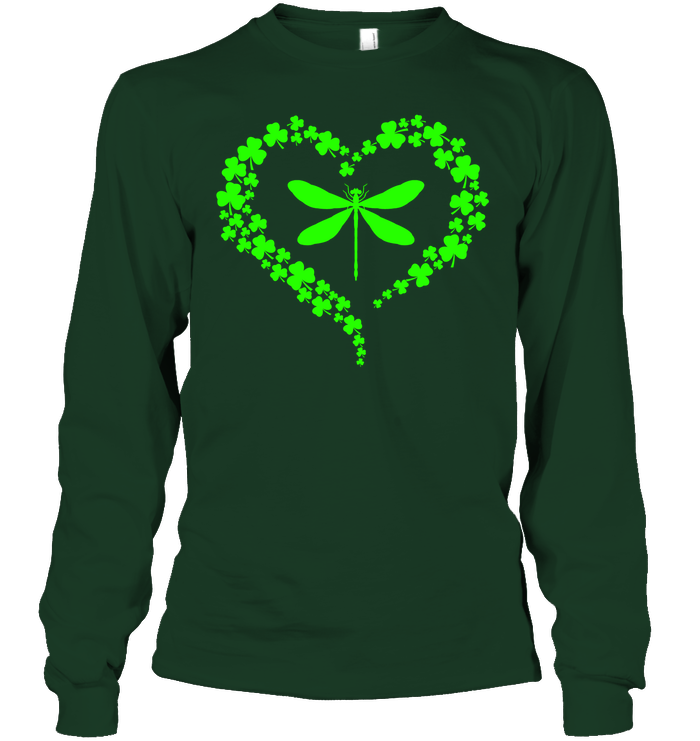 Dragonfly Clover Heart Irish Saint Patricks Day Shirt Unisex Long Sleeve Classic Tee Forest Green