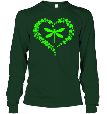 Dragonfly Clover Heart Irish Saint Patricks Day Shirt Unisex Long Sleeve Classic Tee Forest Green