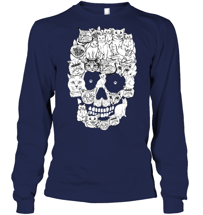 Cats Skull Kitten Shirt Unisex Long Sleeve Classic Tee Navy
