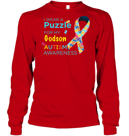 I Wear Puzzle For My Godson Autism Awareness Shirt Unisex Long Sleeve Classic Tee Red