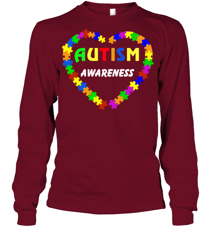 Autism Awareness Puzzle Heart Shirt Unisex Long Sleeve Classic Tee Cardinal Red