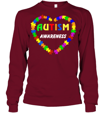 Autism Awareness Puzzle Heart Shirt Unisex Long Sleeve Classic Tee Cardinal Red